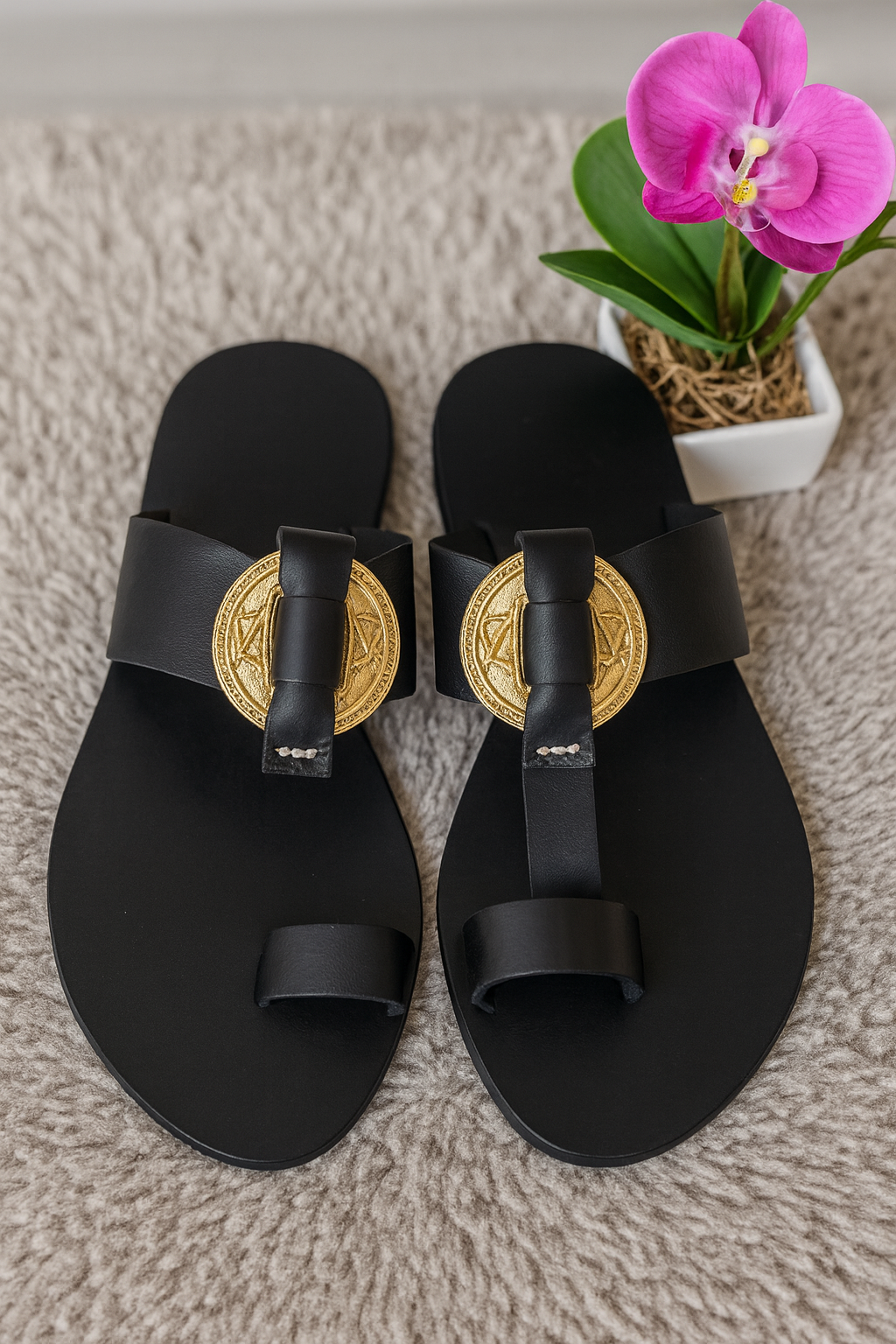 Black Leather Sandals with Gold Medallion