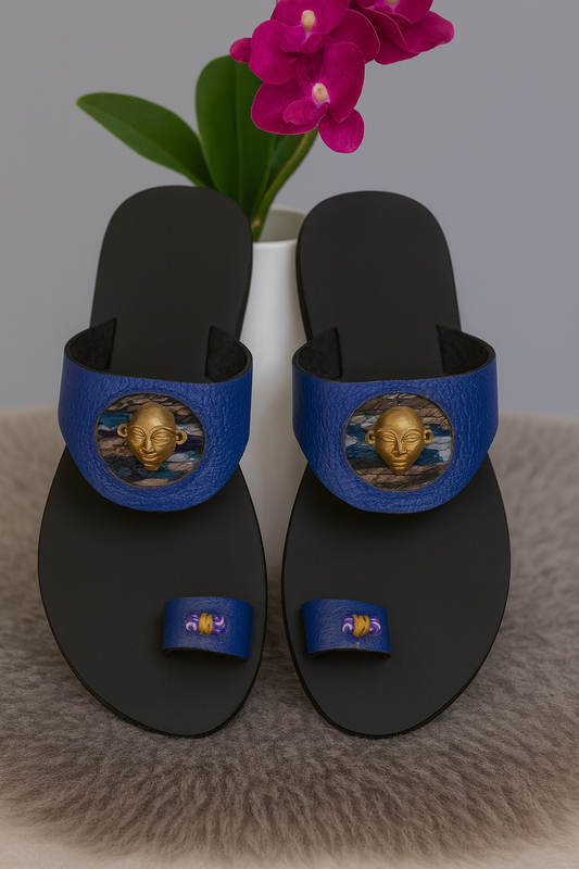 Royal Blue Leather Sandals with Gold Face Medallion